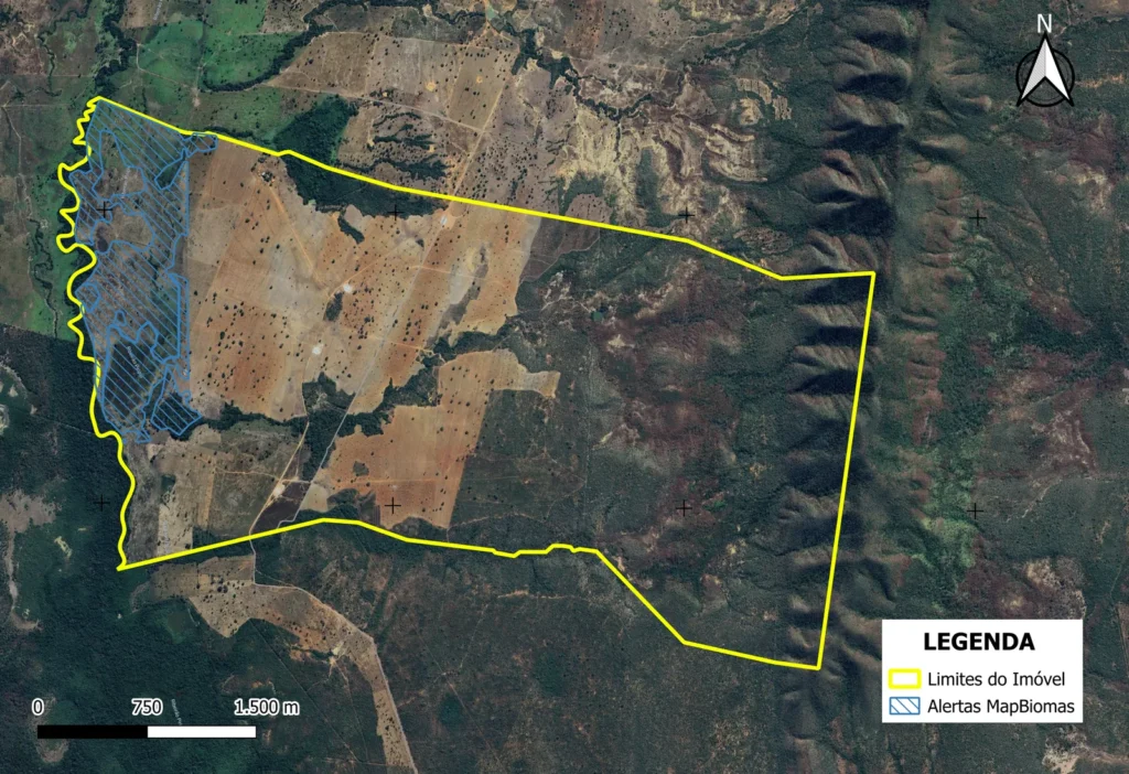 Mapa de alertas de desmatamento MapBiomas sobre imóvel rural elaborado pela Agrarius