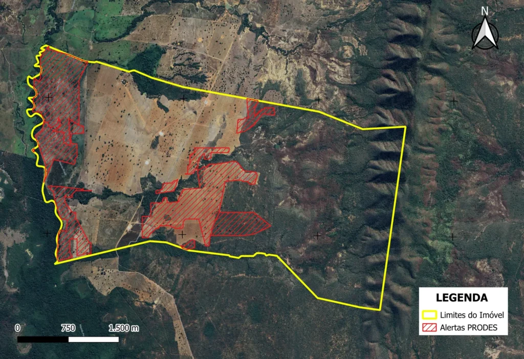 Mapa de alertas PRODES sobre imóvel rural em relatório ambiental da Agrarius