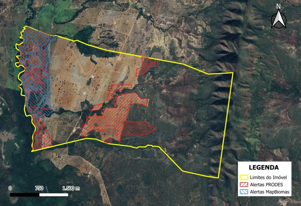 Cruzamento de alertas PRODES e MapBiomas em relatório ambiental de imóvel rural