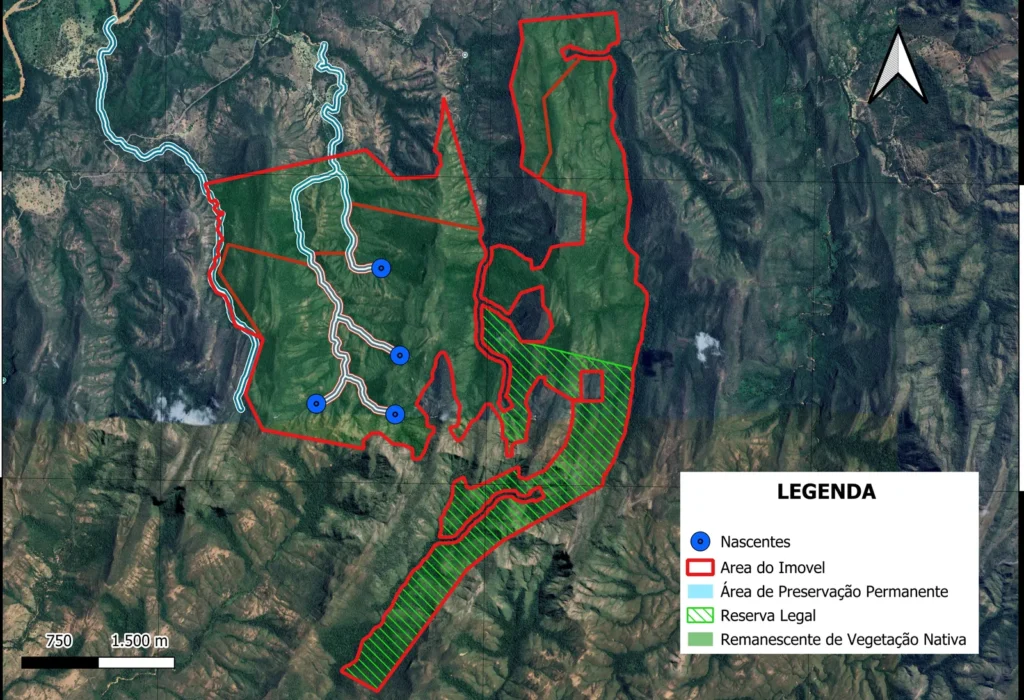 Mapa do CAR com nascentes, área de preservação permanente e reserva legal