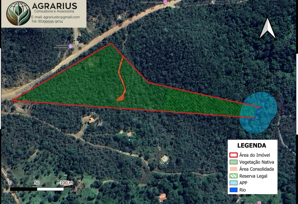 Mapa do CAR com vegetação nativa, APP de rio e reserva legal