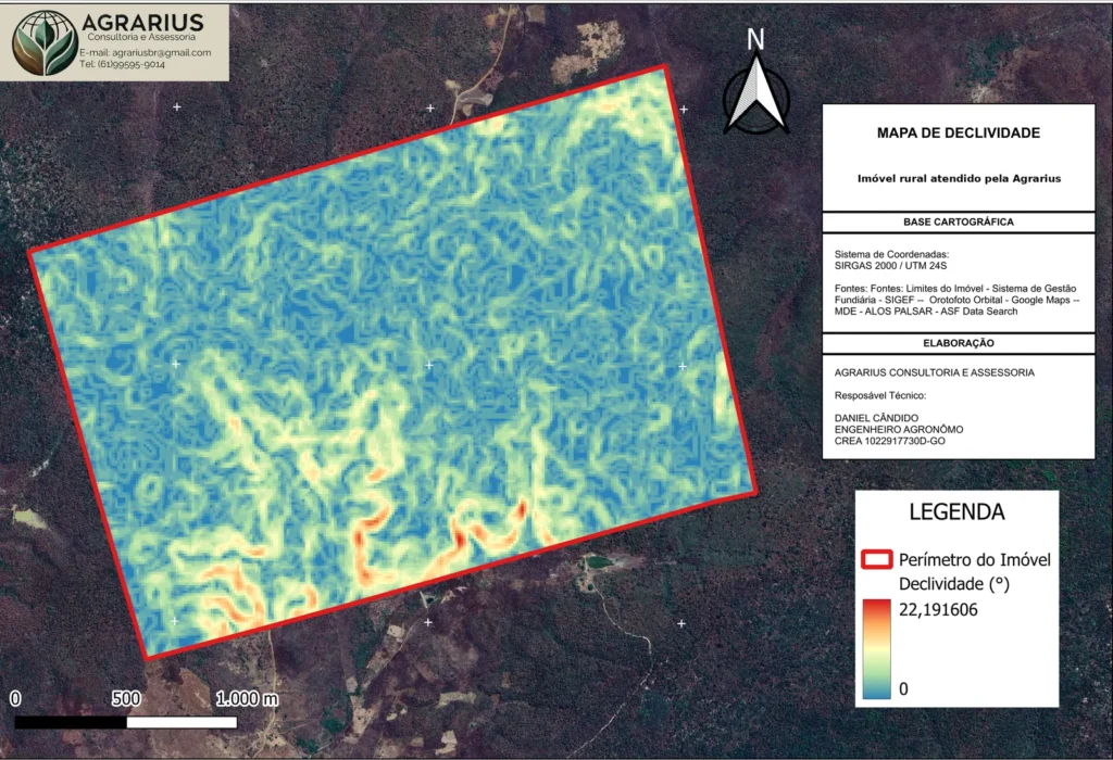 Mapa de declividade de imóvel rural elaborado pela Agrarius