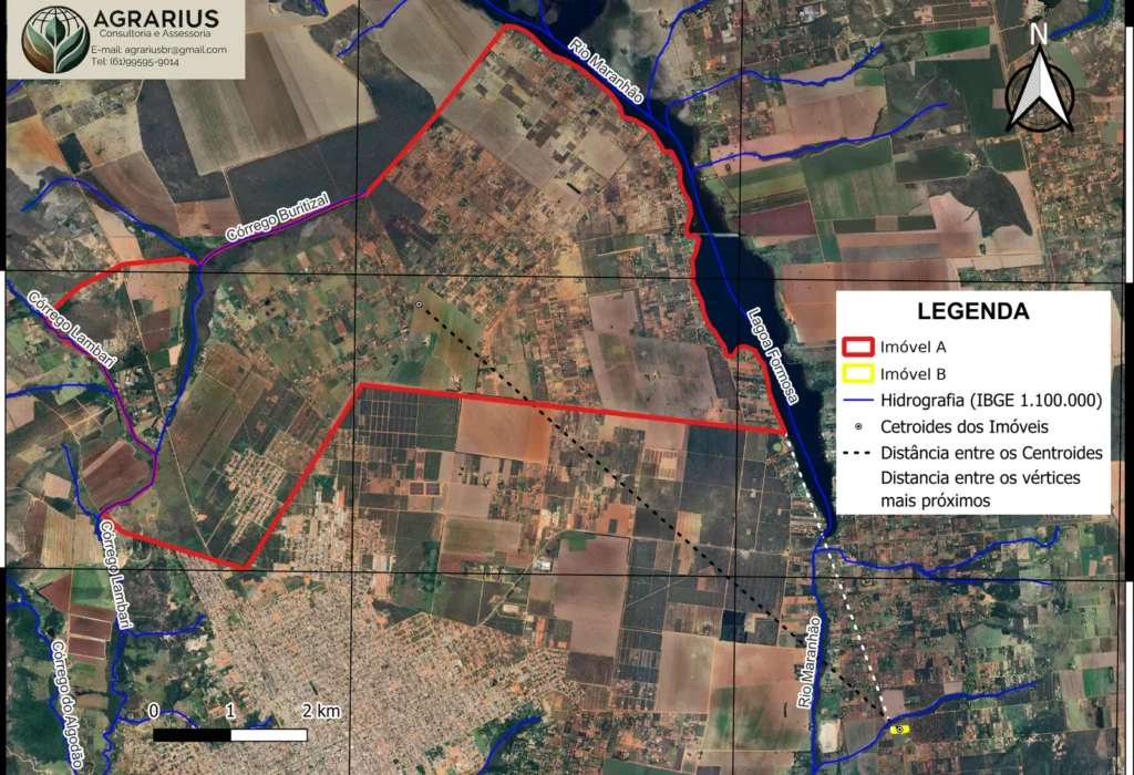 Mapa de laudo técnico com distância entre imóveis e hidrografia