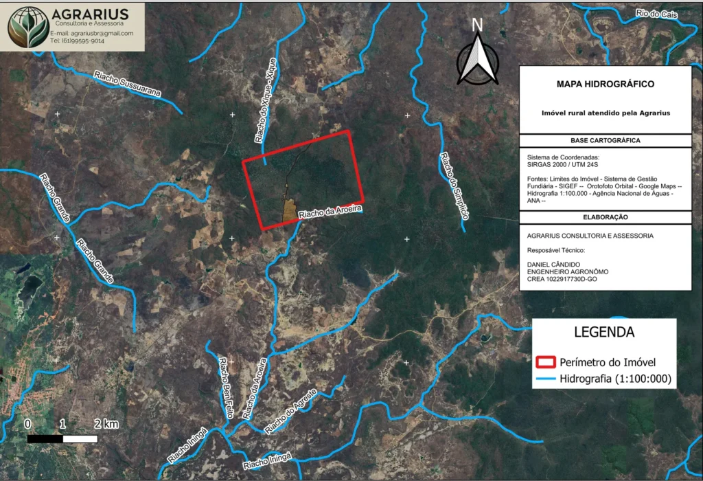 Mapa hidrográfico de imóvel rural com rios e córregos