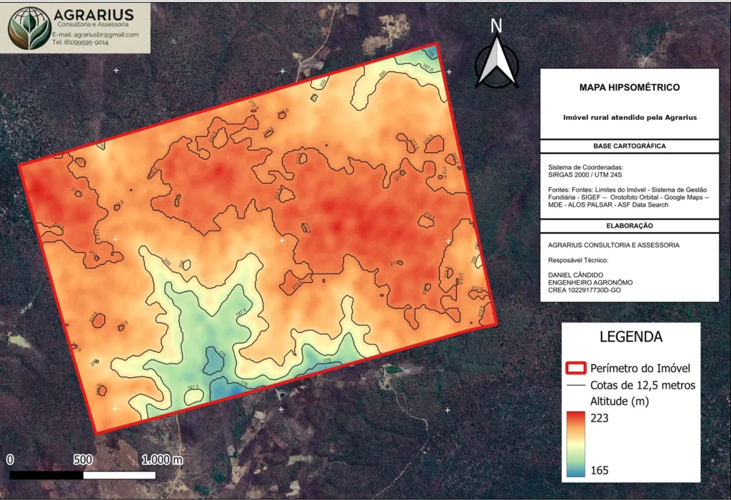 Mapa hipsométrico de imóvel rural com curvas de nível